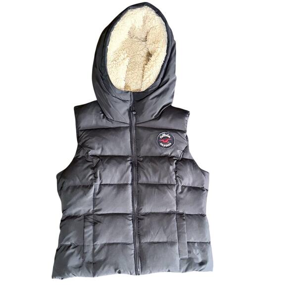 Hollister Puffer Vest Women M Navy Blue Sherpa Lined Down Hooded Zip Jacket Y2K - Picture 1 of 8